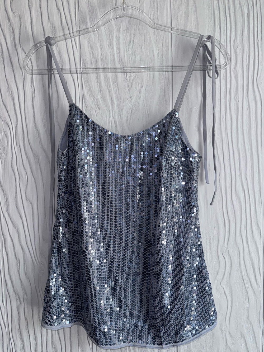 MAC DUGGAL SAMPLE Sequin Embellished Soft Tie Cami Top in Pewter Gray Sz: 4